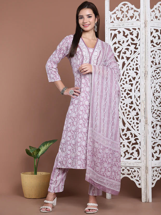 Cotton Printed Three Piece Suit Set
