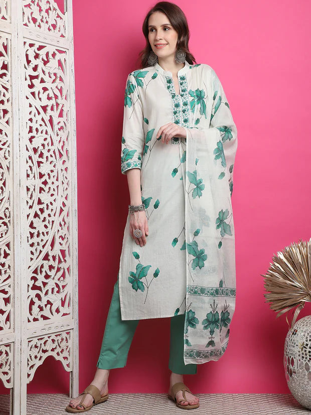 Women Cotton Printed Three Piece Suit Set