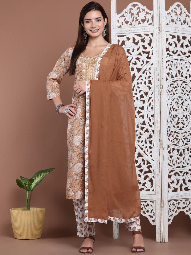Cotton Printed Three Piece Suit Set