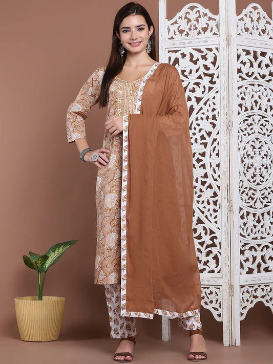 Cotton Printed Three Piece Suit Set