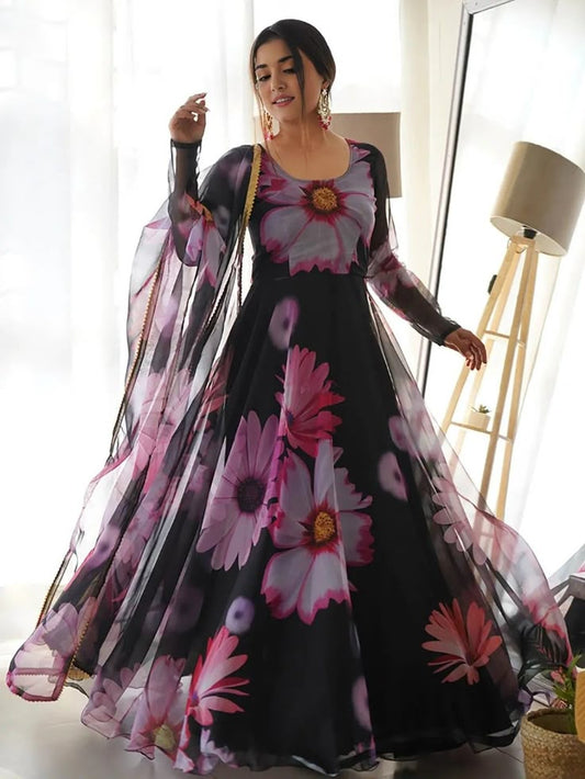 Midnight Bloom Floral Anarkali Gown