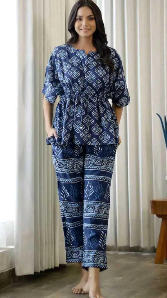 Navy Blue Printed Cotton Nightwear Co-ord Set