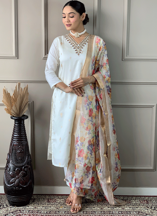 White Viscose Embroidered Women's Salwar suit